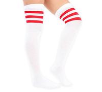 Womens Ladies Referee Stripe Over The Knee High Socks Cotton Sport Celebrity Inspired Fancy Dress (4-6, White with red stripes)