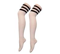 Womens Ladies Referee Stripe Over The Knee High Socks Cotton Sport Celebrity Inspired Fancy Dress (White/Black)