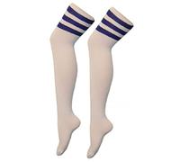 Womens Ladies Referee Stripe Over The Knee High Socks Cotton Sport Celebrity Inspired Fancy Dress (White/Blue)