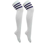 Womens Ladies Referee Stripe Over The Knee High Socks Sport Celebrity Inspired Fancy Dress (White/Blue, One Size)