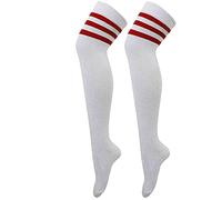 Womens Ladies Referee Stripe Over The Knee High Socks Sport Celebrity Inspired Fancy Dress (White/Red, One Size)