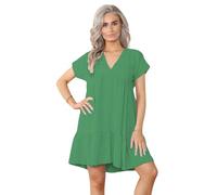 Women's Ladies Short Sleeve Summer New V Neck Frill Swing Layered Smock Pleated Ruffle Mini Casual Loose Long T-Shirt Dress Ladies Holiday Beach Tops Jade Green 12-14