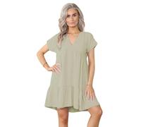 Women's Ladies Short Sleeve Summer New V Neck Frill Swing Layered Smock Pleated Ruffle Mini Casual Loose Long T-Shirt Dress Ladies Holiday Beach Tops Sage Green 12-14