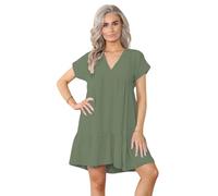 Women's Ladies Short Sleeve Summer New V Neck Frill Swing Layered Smock Pleated Ruffle Mini Casual Loose Long T-Shirt Dress Ladies Holiday Beach Tops Khaki 16-18