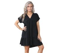 Women's Ladies Short Sleeve Summer New V Neck Frill Swing Layered Smock Pleated Ruffle Mini Casual Loose Long T-Shirt Dress Ladies Holiday Beach Tops Black 12-14