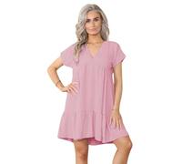 Women's Ladies Short Sleeve Summer New V Neck Frill Swing Layered Smock Pleated Ruffle Mini Casual Loose Long T-Shirt Dress Ladies Holiday Beach Tops Dusky Pink 12-14