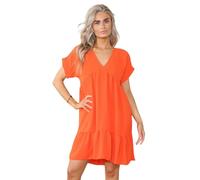 Women's Ladies Short Sleeve Summer New V Neck Frill Swing Layered Smock Pleated Ruffle Mini Casual Loose Long T-Shirt Dress Ladies Holiday Beach Tops Orange 16-18
