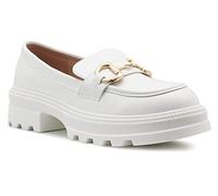 Womens Ladies Slip On Platform Sole Loafers Chunky Heel Patent Golden Buckle Decor Smart Casual Formal Business Work Shoes (White, UK_Footwear_Size_System, Adult, Women, Numeric, Medium, Numeric_6)