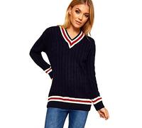 Womens Ladies Sports Warm Sweater Plus Size V Neck Cricket Jumper Pullover Top UK Sizes (Navy-Cream/Red, XL)
