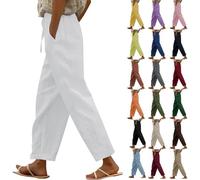 Womens Ladies Summer Loose Straight Leg Casual Lounge Pants Solid Color Drawstring Elasticated Waist Cropped Trouser Beach Holiday Lightweight Comfy Bottoms with Pockets White