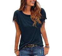 Womens Ladies Tassle Fringe Summer Loose Blouse Casual Fashion Top T Shirt T Shirts for Women Crew Neck Short Sleeve Summer Tops Casual Solid Color Tunic Tops Short Sleeve Tassel Knot t-Shirt