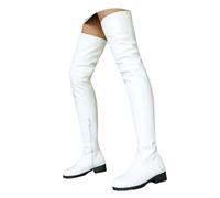 Womens Ladies Thigh high Over The Knee Flat Boots Rounded Toe All Season Elastic Tall Thigh High Boots for Wide Calves Zipper Design Party Outfits (White, 37)