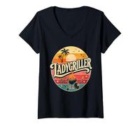 Women's LadyGriller Retro Tropical Sunset Palm Tree BBQ Grill Design V-Neck T-Shirt