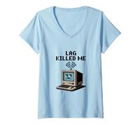 Womens Lag Killed Me Funny Gamer Pixel Art V-Neck T-Shirt