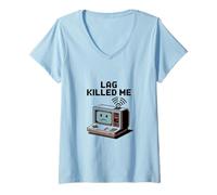 Womens Lag Killed Me Funny Gamer Pixel Art V-Neck T-Shirt