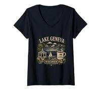 Women's Lake Geneva Wisconsin Vintage Scenic Travel V-Neck T-Shirt