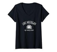 Womens Lake Michigan My Happy Place MI Boating Fishing Camping V-Neck T-Shirt