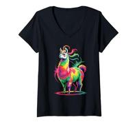Womens Lama Alpaca Colourful Watercolour Cute Llama Lovers Farm V-Neck T-Shirt