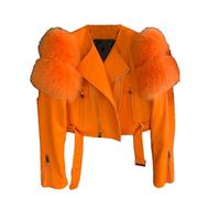 Women's Lambskin Leather Jacket With Fur Sleeves - Genuine Winter Coat For Ladies Orange XXL