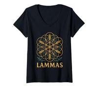 Womens Lammas Lughnasadh Vibes Sacred Grain Flower Mandala Symbol V-Neck T-Shirt