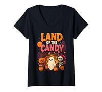 Womens Land of the Candy Halloween Trick or Treat Design V-Neck T-Shirt