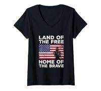 Womens Land of The Free Home of The Brave US Flag Military Veteran V-Neck T-Shirt