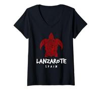 Women's Lanzarote Spain Tribal Sea Turtle Ocean Art Design V-Neck T-Shirt