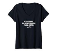 Women's Lao Tzu New Beginnings Quote V-Neck T-Shirt, Black, Small