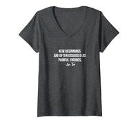 Women's Lao Tzu New Beginnings Quote V-Neck T-Shirt, Dark Heather Grey, X-Large