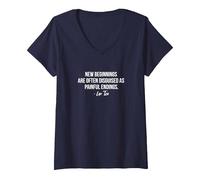 Women's Lao Tzu New Beginnings Quote V-Neck T-Shirt, Navy Blue, Large