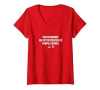 Women's Lao Tzu New Beginnings Quote V-Neck T-Shirt, Red, Small