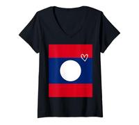 Womens Laos Flag Lao Heart Proud Heritage National Day V-Neck T-Shirt