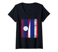 Womens Laos Thailand Half Flag Lao Thai Roots V-Neck T-Shirt