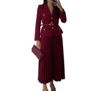 Womens Lapel Blazer Pleated Maxi Skirt 2 Piece Set with Matching Belt, Women's 2 Piece Skirt Sets, V Neck Button Blazer and Maxi Pleated Skirt Sets (Wine Red,2XL)