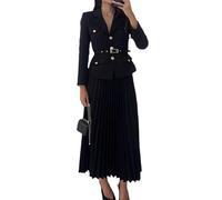 Womens Lapel Blazer Pleated Maxi Skirt 2 Piece Set with Matching Belt,Womens Pleated Sets Casual Jacket Blazer with Belt & High Waist Pleated Maxi Skirt Sets (Black,2XL)