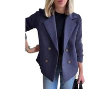 Women's Lapel Button Knitted Patchwork Sleeve Casual Coat,Trendy Double Breasted Pea Coats With Pockets,Winter Blazer Loose Jackets Tops(Navy,L)