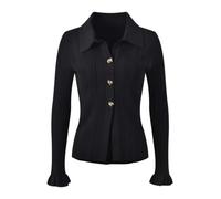 Women's Lapel Cream Yellow Slim Stretch Knitted Cardigan + Skirt Set Spring/Autumn 2-Piece Set Black Top S