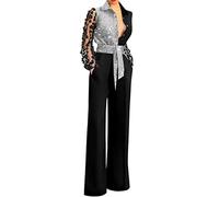 Women's Lapel Sexy Deep V Lace Stitching Bell Bottoms Jumpsuit Jumpsuits Sequin Black