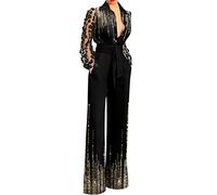 Women's Lapel Sexy Deep V Lace Stitching Bell Bottoms Jumpsuit Jumpsuits Sequin Gold