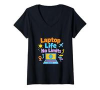 Women's Laptop Life No Limits Freedom Design V-Neck T-Shirt