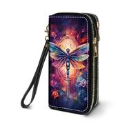 Women's Large Capacity Wallet PU Leather Double Zipper Clutch Purse Multifunctional Wallet with Removable Wristlet Strap for Smart Phone/Coin/Card/Cash, American Flag Dog, Dragonfly, Two Zippers