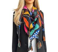 Womens Large Long Lightweight Floral Scarf, Cotton Pashmina Scarf Shawl Wrap, Colourful Rainbow Flower Ladies Scarves, Square Spring Summer Scarfs Floral Print, Gift (Rose Square: Black)
