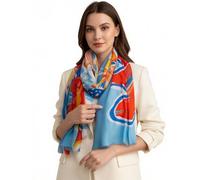 Womens Large Long Lightweight Floral Scarf, Cotton Pashmina Scarf Shawl Wrap, Colourful Rainbow Flower Ladies Scarves, Square Spring Summer Scarfs, Floral Print, Gift for Women (Floral Blue Orange)