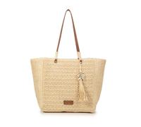 Women's Large Raffia Bag - Maxi Shopper Ivory with Long Shoulder Handles, Zip Closure and Boho Ornament, Beach and Summer Bag (Beige)