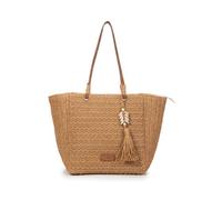 Women's Large Raffia Bag - Raffia Shoulder Bag with Zipper Closure, Long Handles and Shell Ornament, Summer Tote Bag (Natural Tone)