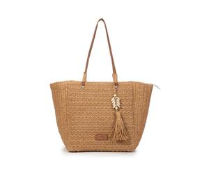 Women's Large Raffia Bag - Raffia Shoulder Bag with Zipper Closure, Long Handles and Shell Ornament, Summer Tote Bag (Natural Tone)