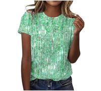 Women's large size glitter t-shirts, fantasy t-shirt, round neck, short sleeves, dance tshirt, sequin print top, original, casual loose t-shirt, Green, XXL