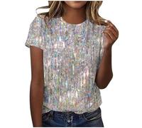 Women's large size glitter t-shirts, fantasy t-shirt, round neck, short sleeves, dance tshirt, sequin print top, original, casual loose t-shirt, Silver, M