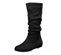 Women's Large Size Mid Calf Side Zipper Pleated Pile Suede Flat Boots Wide Fit Western Cowboy Length Boots Comfortable Solid Color Non Slip Round Toe Booties for Outdoor Walking Black
