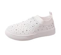 Women's Large Size Shoes with Drill Fly Weave Sports Casual Trainers Medium Heel Flat Bottom Mesh Breathable Single Sneakers Casual Shoes Ladies Running Trainers (White, 4)